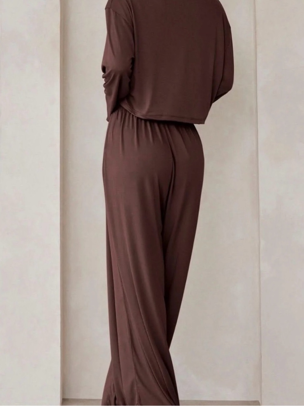 Bumpsuit Chocolate Brown Wide Leg Cloud Pants Crop Long Sleeve Tee Shirt NWT - Picture 2 of 7